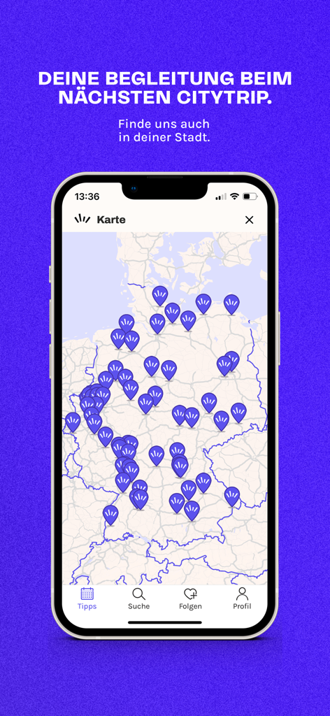 Map of Germany in the Rausgegangen app showing numerous event locations with blue pins