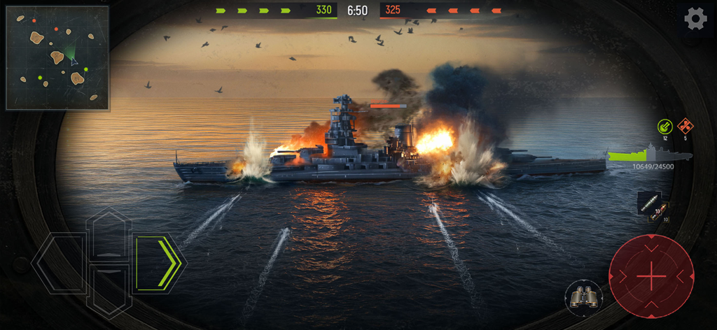 Intense naval battle in Navy War with a warship under fire and explosions