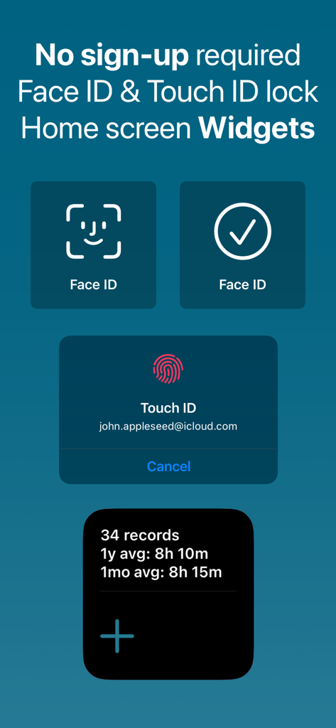 Sleep Tracker CPAP Feeltracker - Feeltracker app interface showing Face ID and Touch ID security features along with home screen sleep widgets