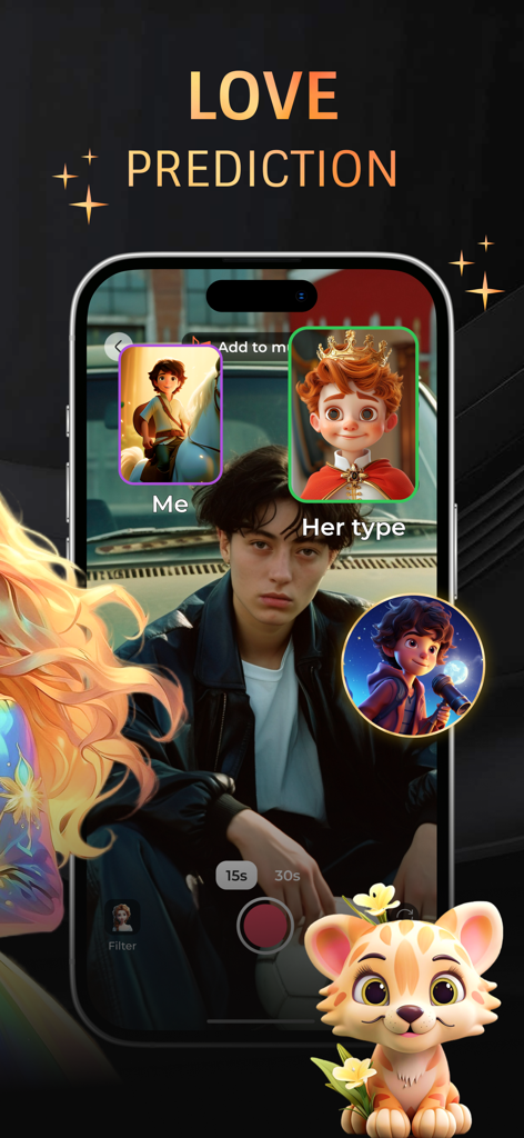 Mobile app interface showing a love prediction filter with cartoon character avatars