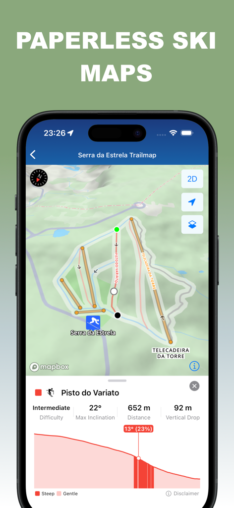 Digital trail map in the Ski Resorts app showing slope difficulty and elevation metrics for a ski run