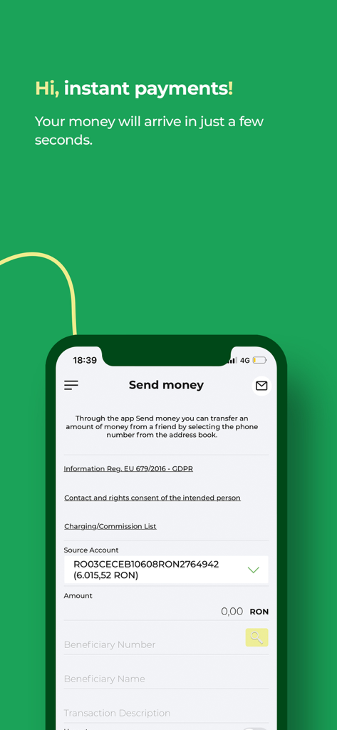 CEC Bank mobile banking app interface for sending money instantly