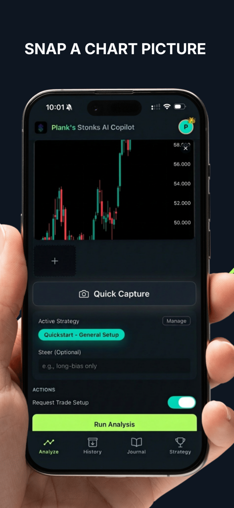Stonks AI - Uma tela de celular mostrando a interface do aplicativo Stonks AI para tirar uma foto de um gráfico de negociação e executar uma análise.