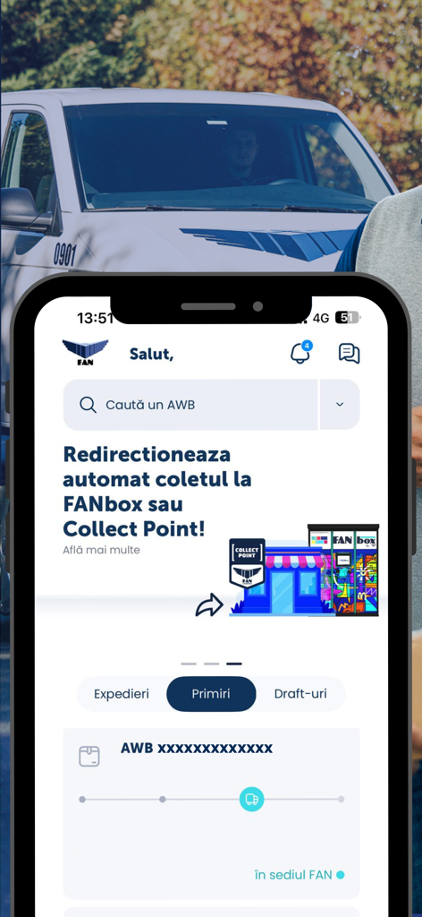 FAN Courier Mobile - FAN Courier Mobile app tracking screen with AWB search and delivery status.