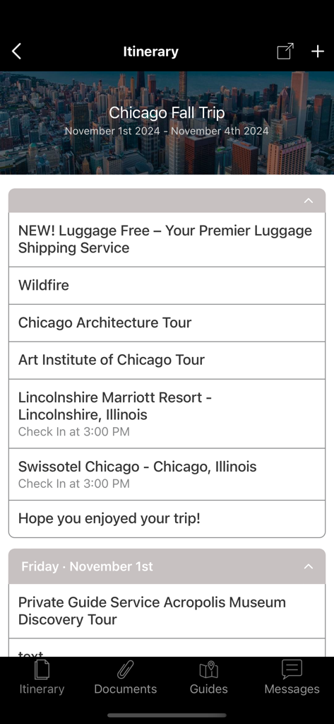 Travel itinerary screen for a Chicago trip showing hotel and tour details