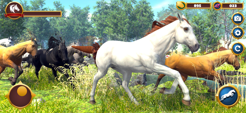 Virtual Horse Family Simulator - Un caballo blanco liderando una manada de caballos marrones y negros a través de una exuberante jungla verde en 3D