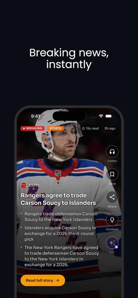 Briefly: News in Seconds - Screenshot of the Briefly news app showing an AI-powered summary of a sports breaking news story with 3 bullet points and a vertical swipe interface.