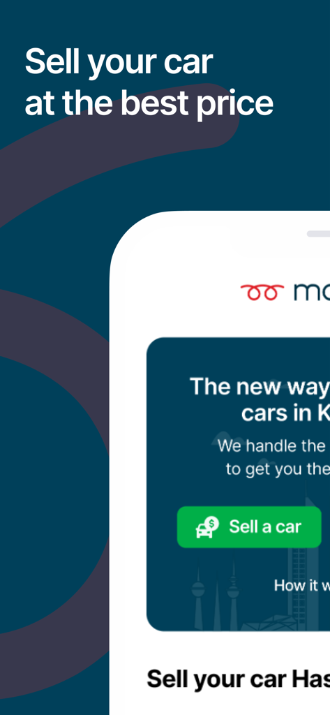 Motorgy - Buy & Sell Cars - Motorgy mobile app interface with a Sell a car button and text Sell your car at the best price