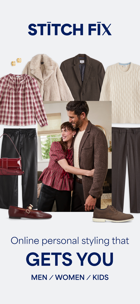 Stitch Fix - Personal Styling - Stitch Fix app screen featuring curated clothing for men, women, and kids with the tagline Online personal styling that gets you