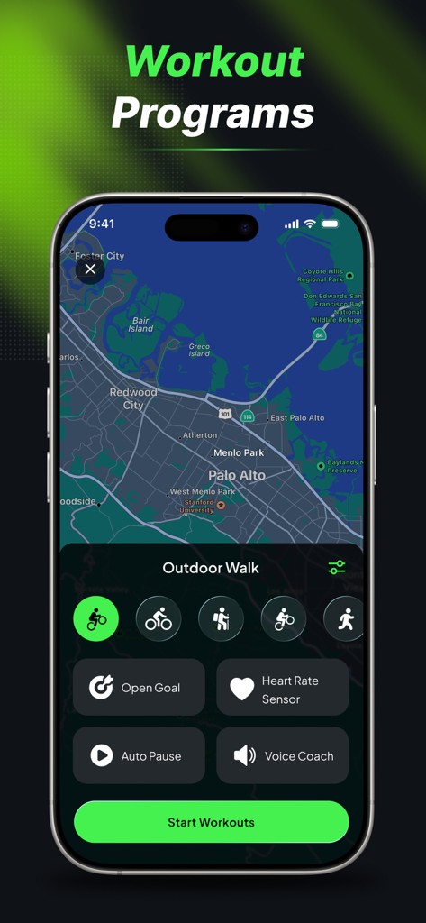 Tela de seleção de treino com mapa GPS para rastrear uma caminhada ao ar livre