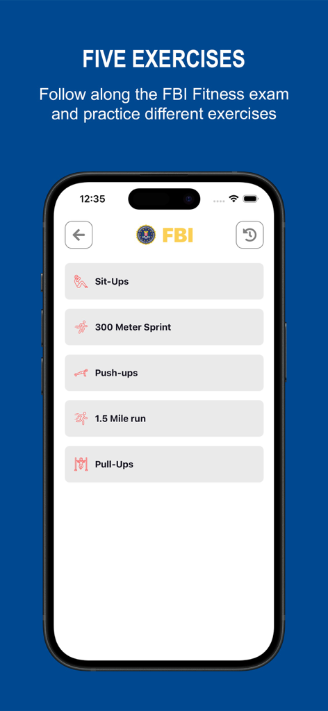 Interfaz de la aplicación FBI FitTest que enumera cinco ejercicios físicos para el examen de aptitud.