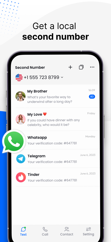 Interfaccia mobile che mostra un secondo numero di telefono con messaggi e codici di verifica dell'app.