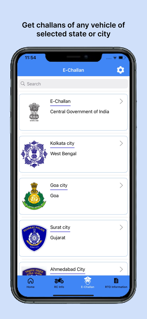 RTO - eChallan, Vehicle info - Écran E-Challan montrant la recherche d'amendes de véhicule par ville et état indiens