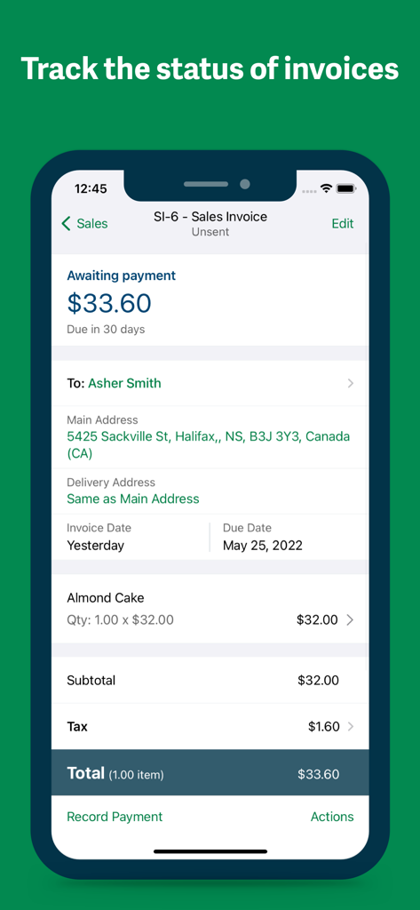 支払いを待っている売上請求書を表示するSage Accountingモバイルアプリのインターフェース