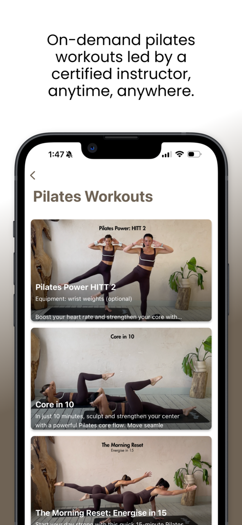The Aloha Girls - Smartphone screen showing on-demand Pilates workout videos in The Aloha Girls app