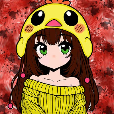 anime girl with chick shaped hat with sweater with bare shoulders with bangs covering them one eye with low tail