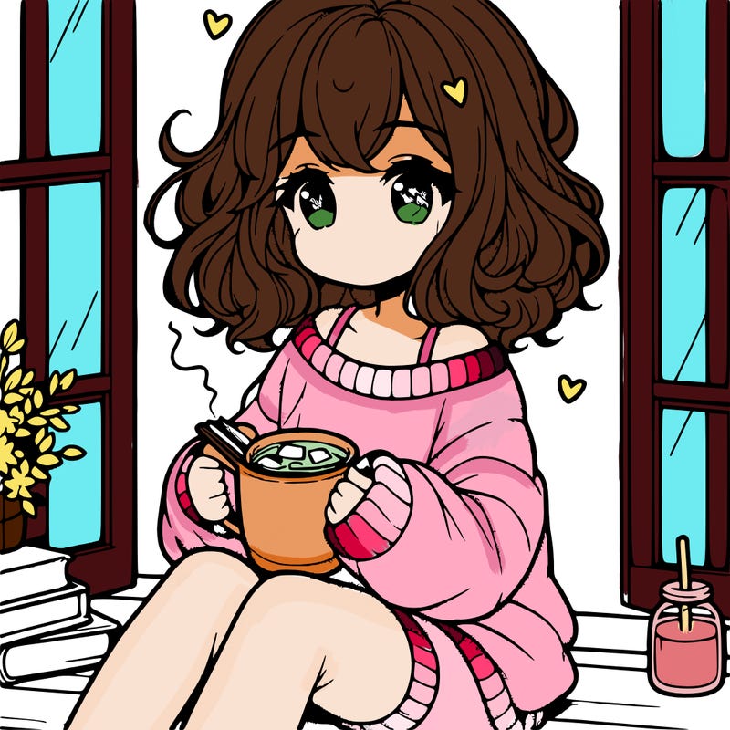 cute anime girl reading book and drinking hot chocolate from mug with loose wavy hair wearing a baggy sweatshirt and shorts sitting by windowsill looking out