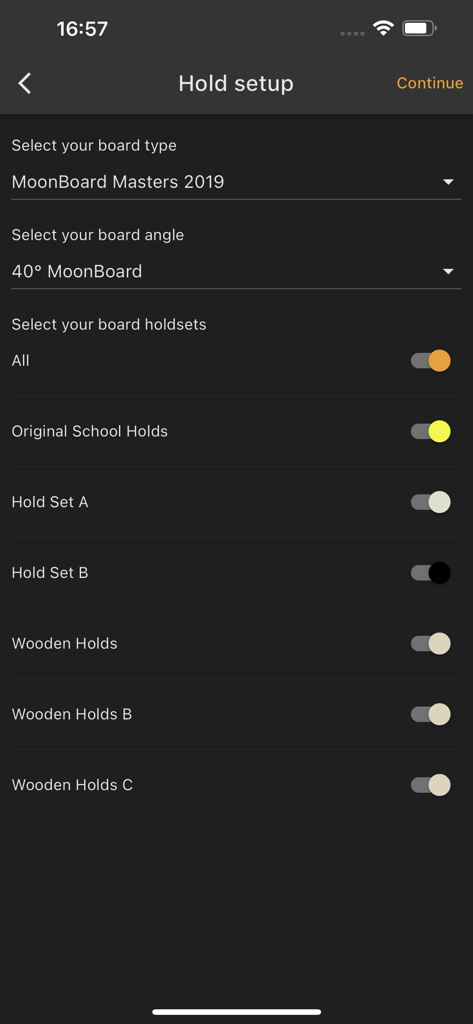 Moon Board - Moon Board app hold setup screen showing options to select board type angle and climbing hold sets