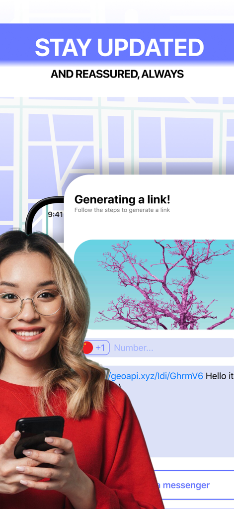 A woman holding a smartphone while using the family locator app to generate a location sharing link