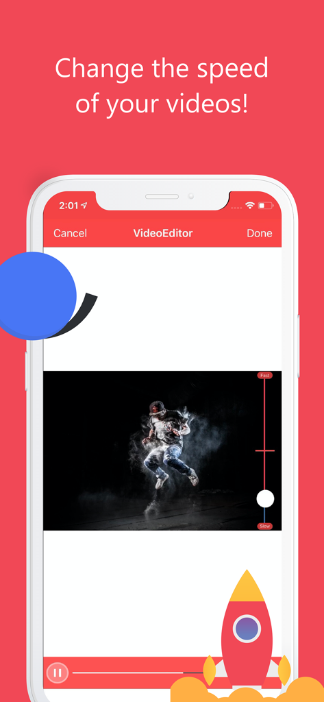 iPhone-Bildschirm mit der SLOMO-App-Oberfläche zum Anpassen der Videogeschwindigkeit mittels Schieberegler