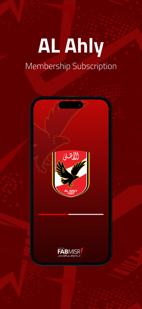 Al-Ahly SC - 알아흘리 SC 모바일 앱 회원권 구독 스플래시 화면, 클럽 로고와 빨간색 브랜딩 특징