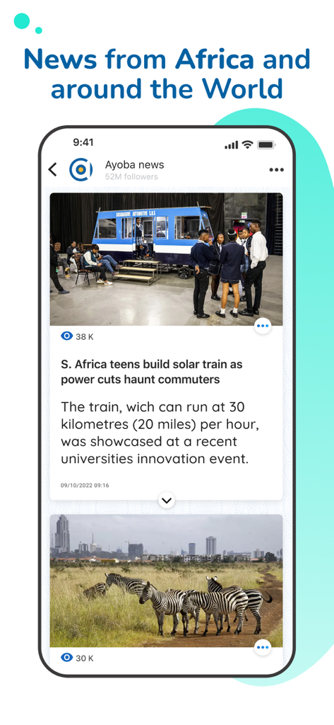 A mobile screenshot of the Ayoba app news feed displaying articles about African innovation and local updates