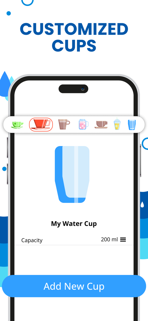 Water Reminder - Drink - Interface of the Water Reminder app showing a screen to customize drink containers and capacities