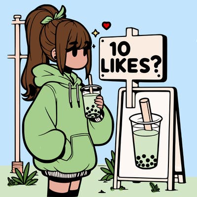 girl with oversized hoodie drinking boba and she has a high ponytail with a sign that says 10likes?