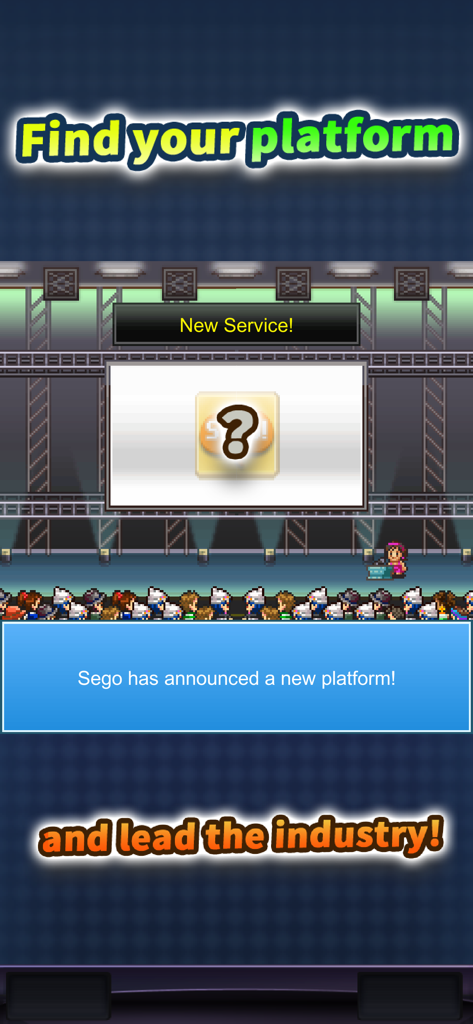 A retro pixel art screen in Social Dev Story announcing that a company has released a new gaming platform