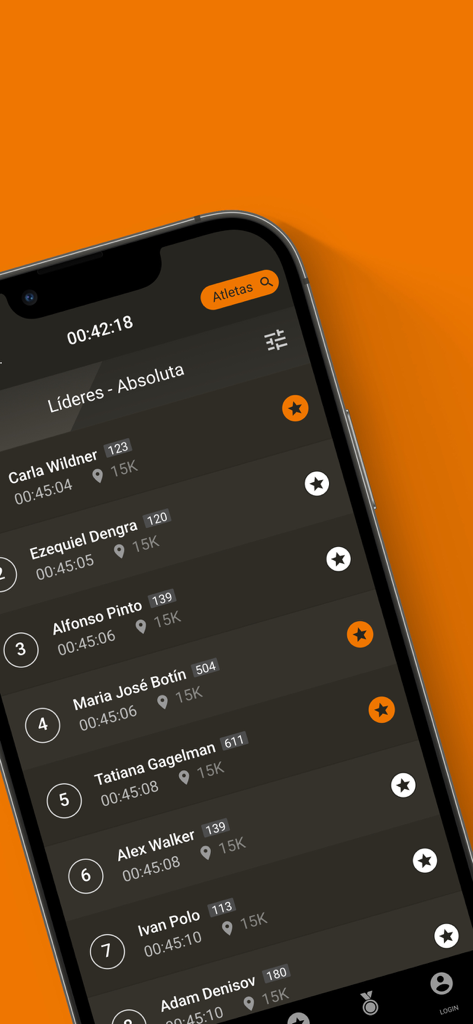 Ofrenda 2026 - オフェルンダ2026アプリで、参加者の名前と完了時間を示すリアルタイムリーダーボードを表示するスマートフォン