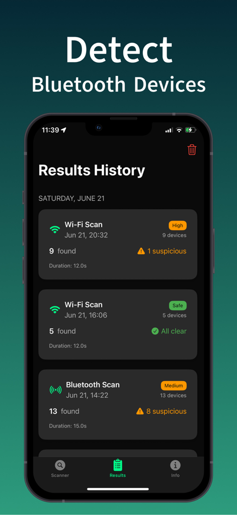 WiFi & Bluetooth Devices Scan - Results history screen showing past WiFi and Bluetooth scans with suspicious device alerts