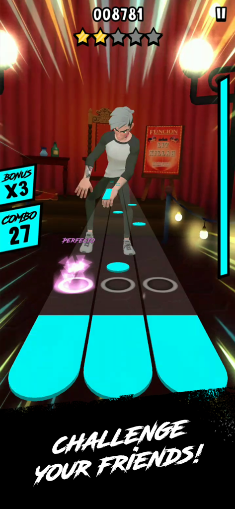 LIT killah: The Game - Gameplay screen of LIT killah The Game showing a character dancing on a rhythm track with a challenge your friends message