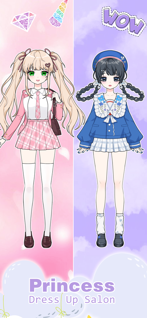 Dos lindas chicas de anime con atuendos de moda del juego Vlinder Princess Dress Up Salon.