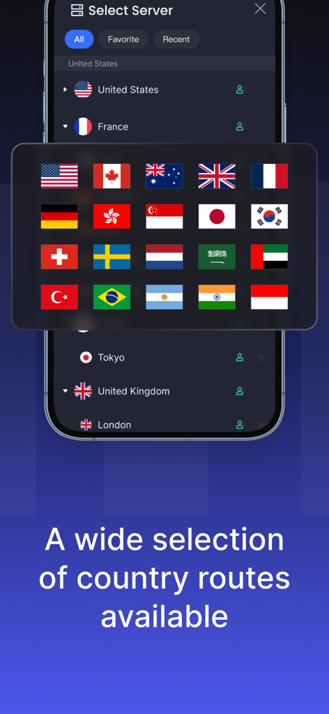 Eine Mobile App-Oberfläche, die ein weites Raster internationaler Flaggen für die Auswahl globaler VPN-Server zeigt
