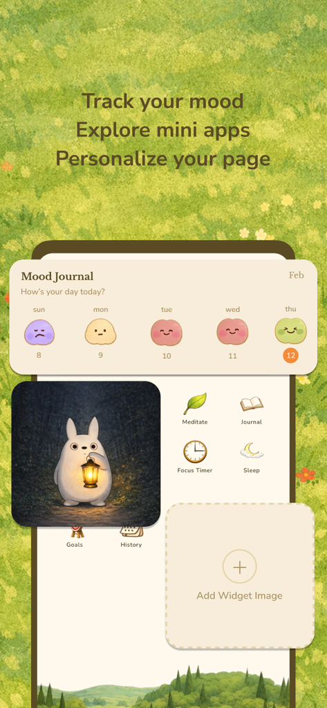 Koda: Cozy Self-Care - Koda app screen with mood journal and wellness activity icons