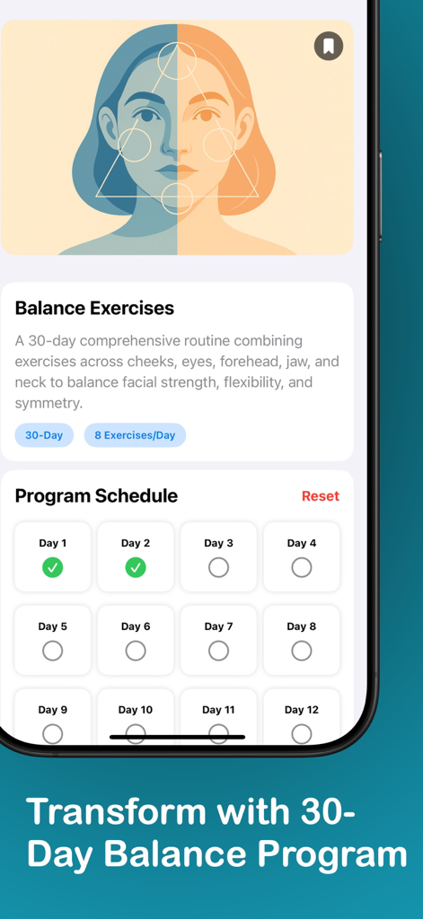 FaceZen - Face Yoga - Interface of FaceZen app showing a 30 day facial balance exercise program and daily schedule