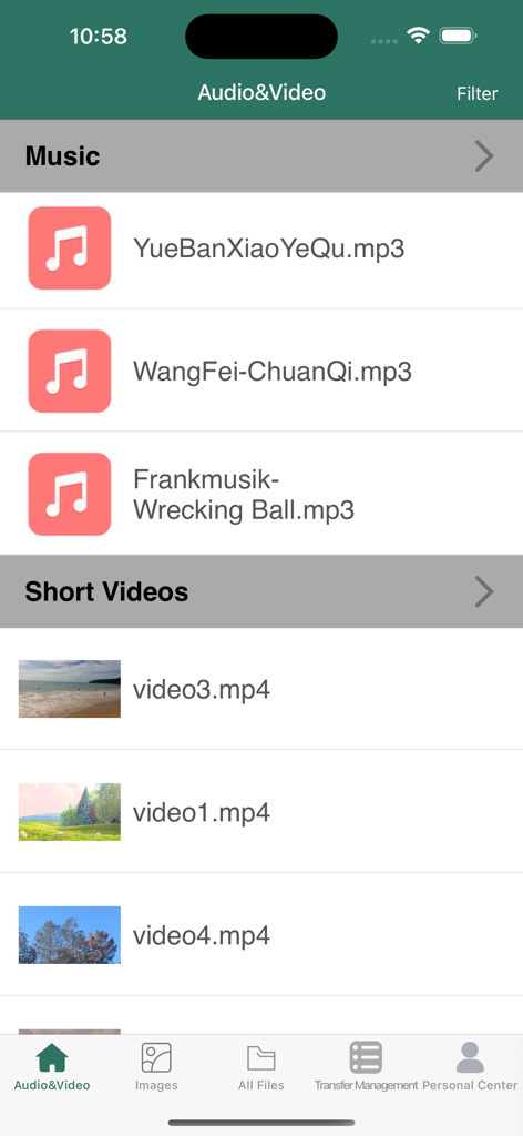 FileMaster Pro - Interfaccia dell'app FileMaster Pro che mostra elenchi organizzati di file musicali e video brevi