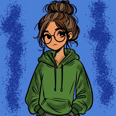 teen girl with a messy bun and glasses wearing a loose hoodie and jeans