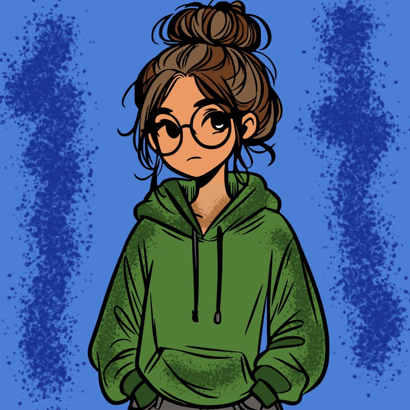 teen girl with a messy bun and glasses wearing a loose hoodie and jeans