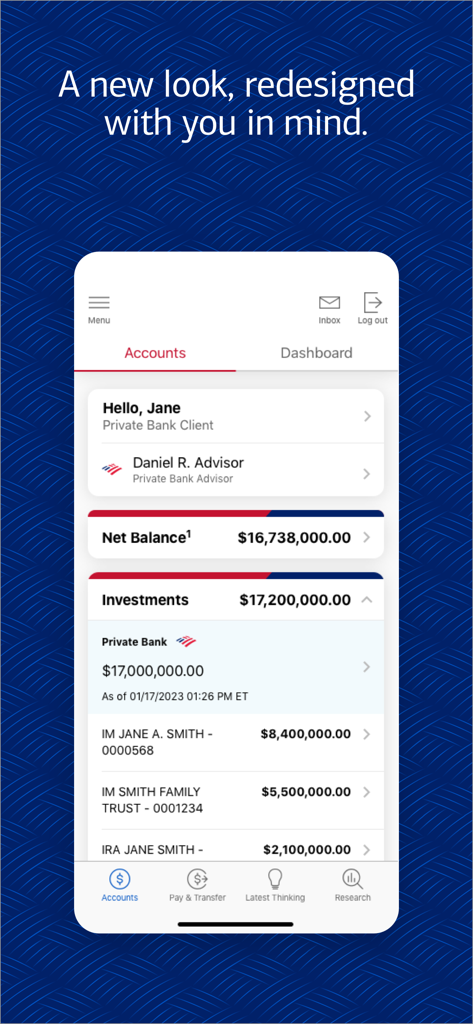 Bank of America Private Bank - Uma tela de aplicativo móvel mostrando o resumo da conta e o portfólio de investimentos do Bank of America Private Bank para um cliente de alto patrimônio líquido.