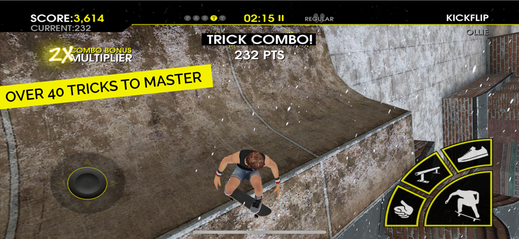 Jogabilidade de Skateboard Party 3 mostrando um skatista em uma rampa com estatísticas de combos de manobras e interface de multiplicador de pontuação