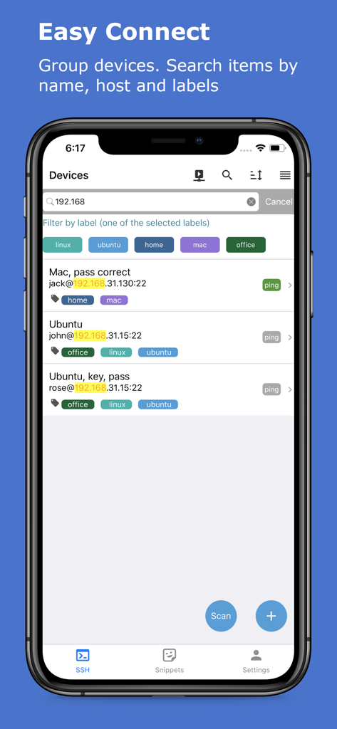Interface of the xTerminal app showing a list of managed SSH servers with filter labels and search bar