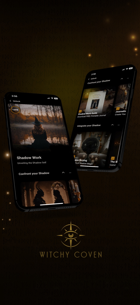 Dois celulares exibindo o currículo espiritual de Trabalho Sombrio e guias místicos no aplicativo Witchy Coven.