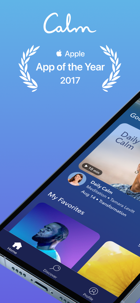 Interface de l'application Calm mettant en valeur le prix de l'App de l'année d'Apple et les fonctionnalités Daily Calm
