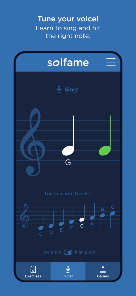 SolFaMe - SolFaMe app vocal tuner interface with musical staff and pitch detection