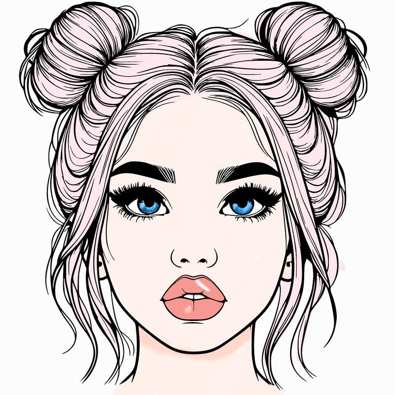 realistic girl with two buns on her hair and lips