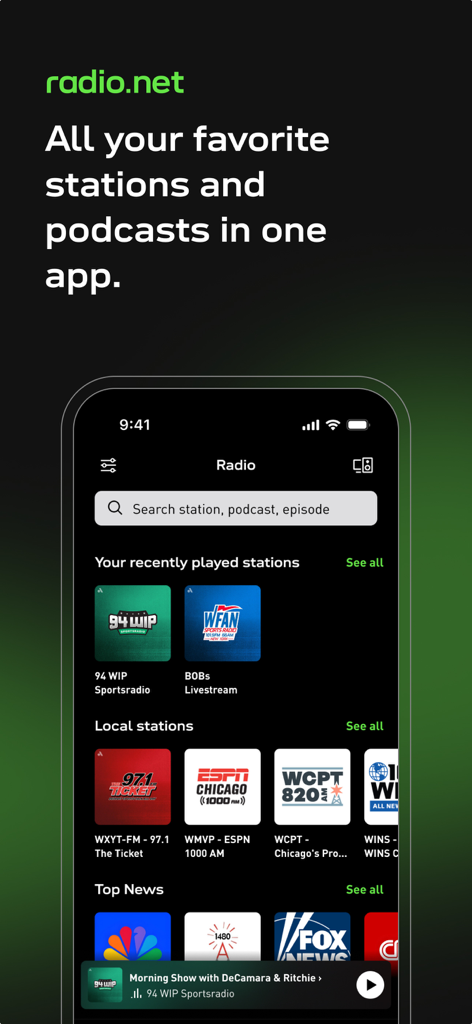 radio.net - AM FM Radio Tuner - Home screen of the radio.net app showing various radio stations and a search bar for podcasts