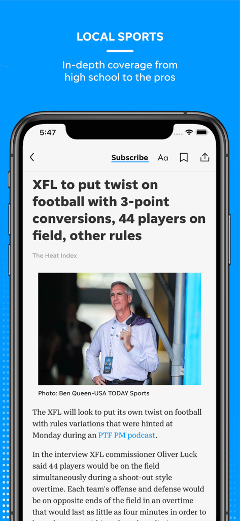 Wilmington (N.C.) StarNews - Wilmington StarNews app showing a sports news article about XFL football rules