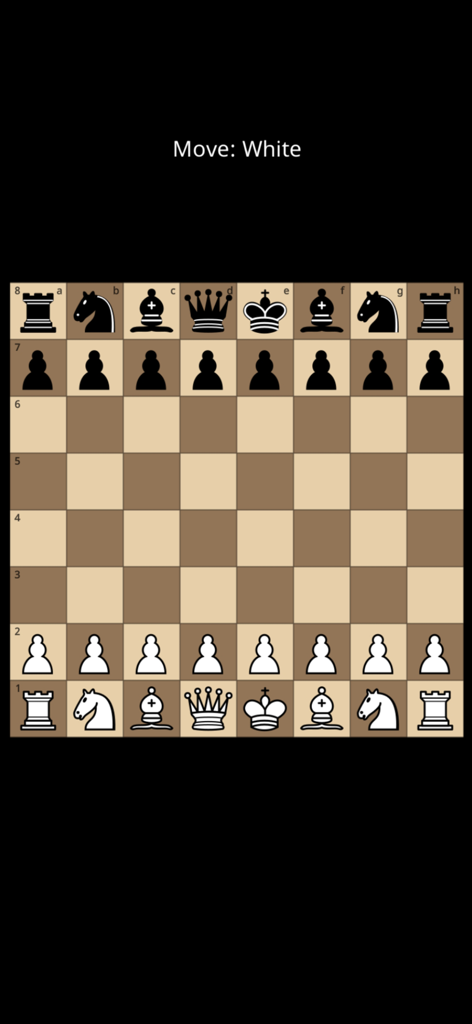 Un tablero de ajedrez clásico en la posición inicial con fondo negro e indicador de movimiento blanco