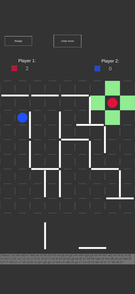 Barricade GG - A minimalist abstract strategy game board showing pawns and white barricade walls on a grid.